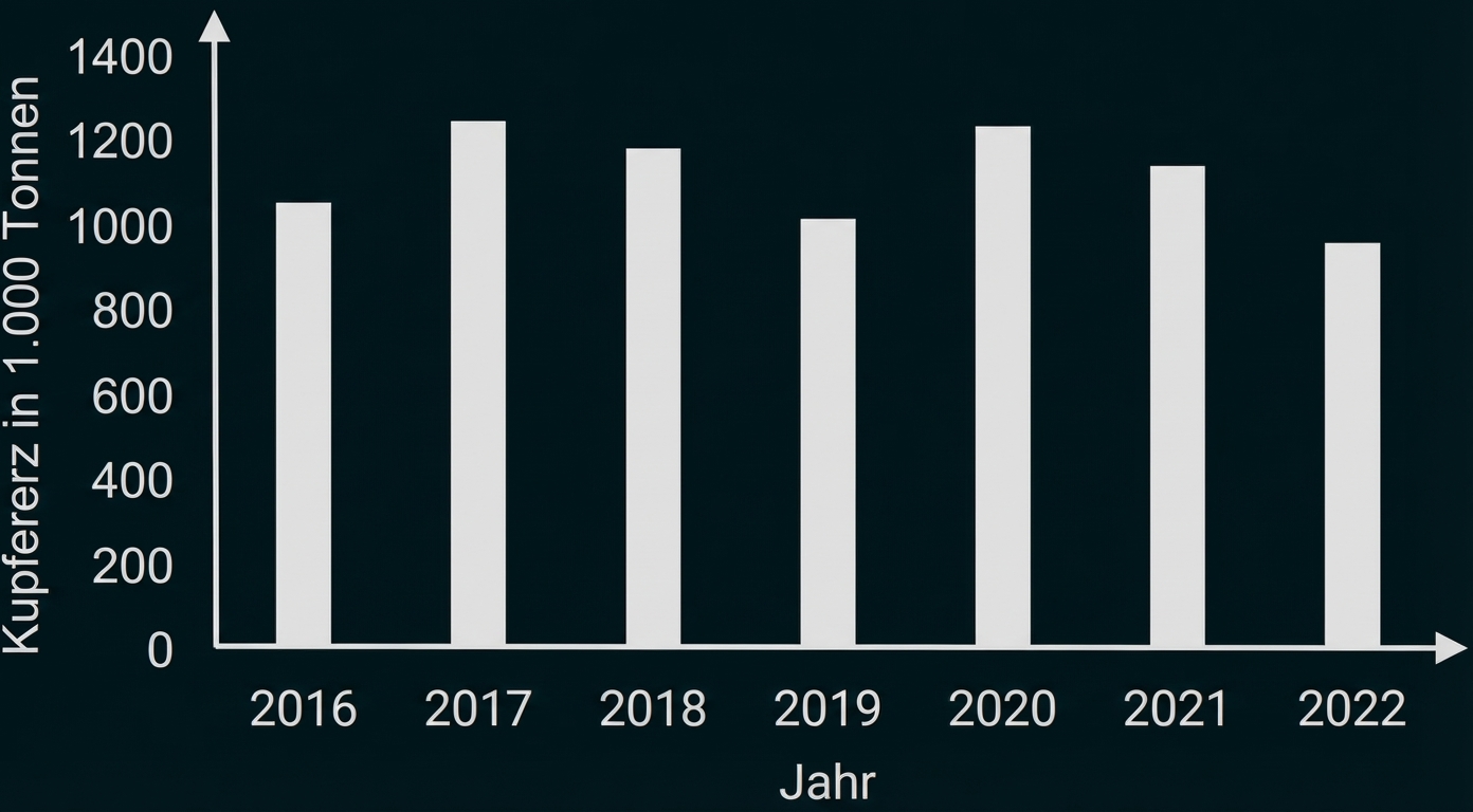 Balkendiagramm: Kupfererz in 1.000 Tonnen pro Jahr 2016–2022, jährliche Schwankungen